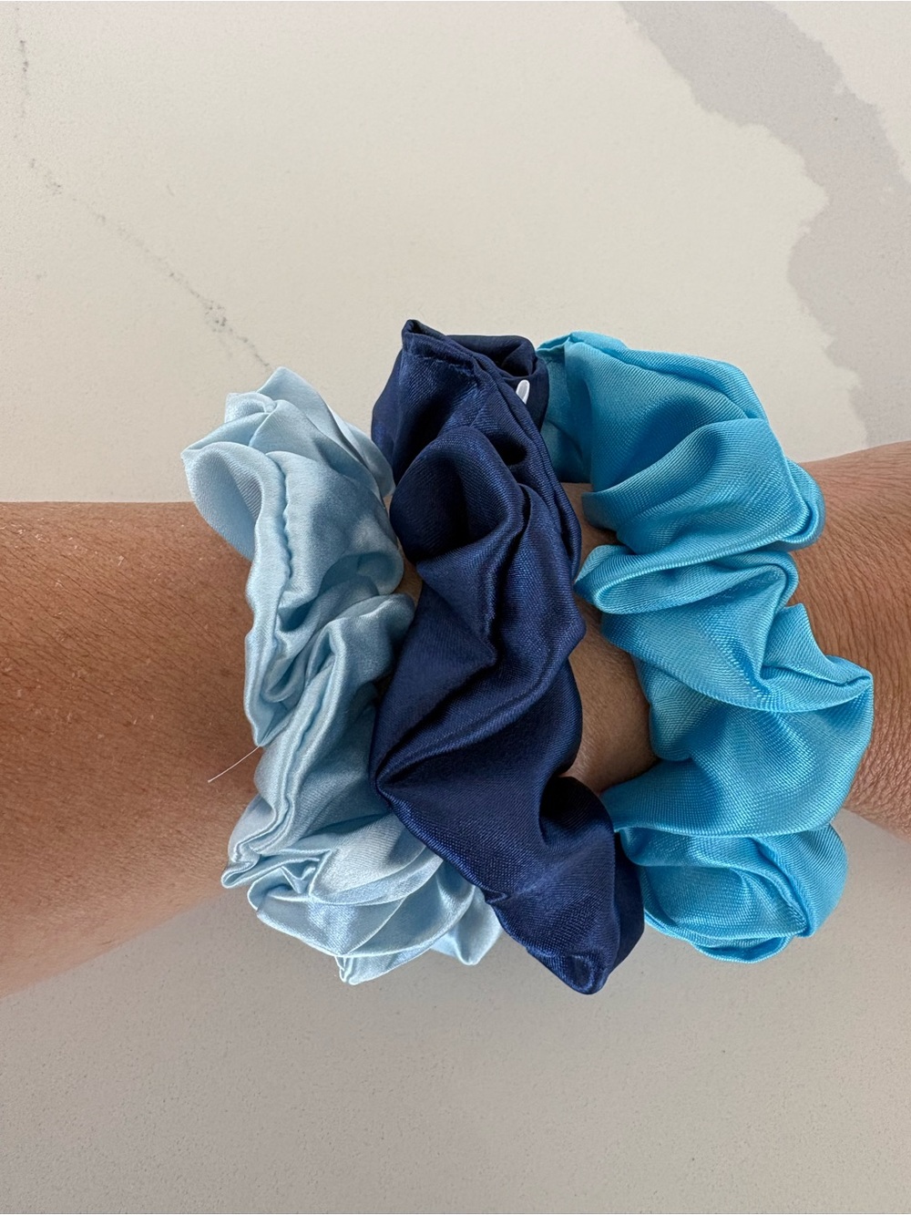 Set of 3 Satin scrunchies Navy, Light blue, aqua blue NEW